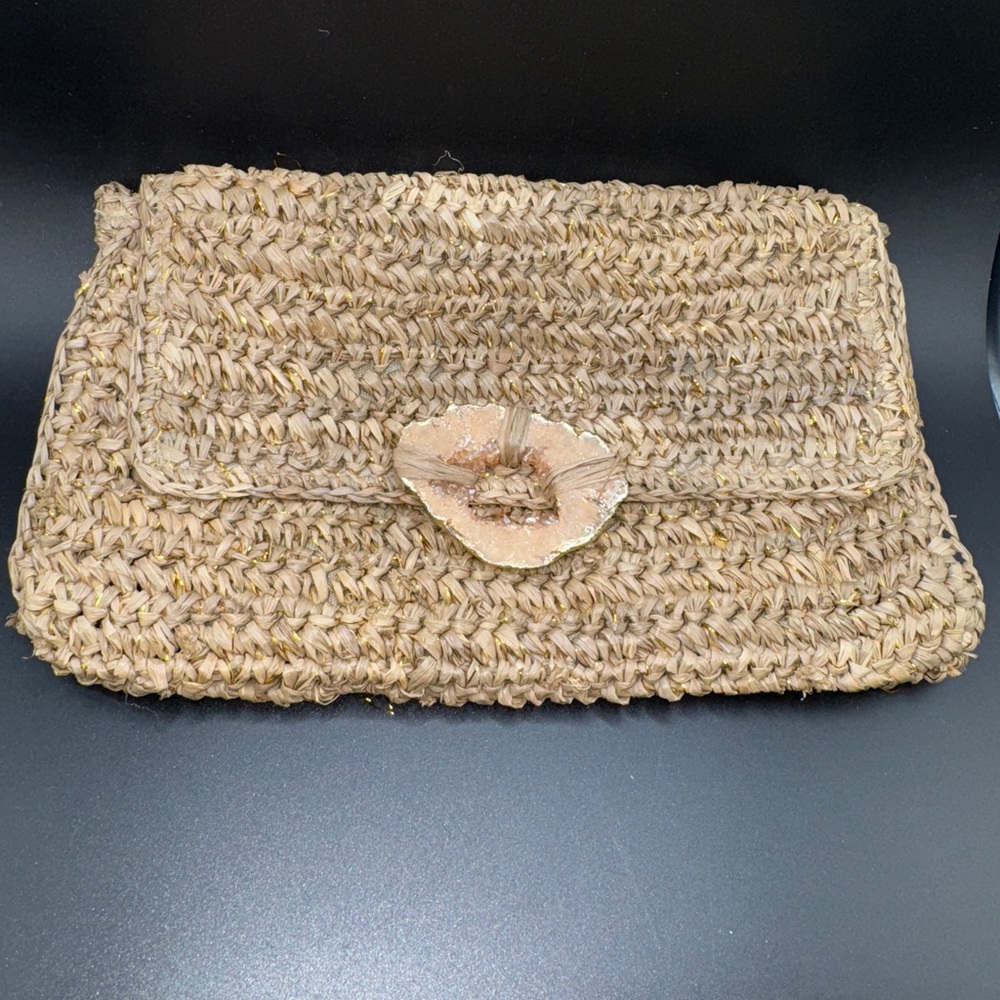 Tommy Bahama Raffia Metallic Stone accent Woven Bag Tan Clutch